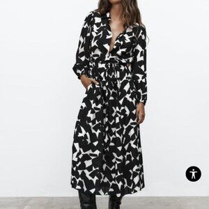 Zara Women’s Emilie Geometric Black & White Long Sleeve Midi Dress XS